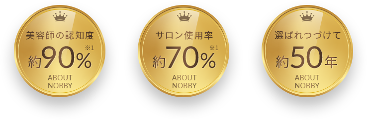 美容師の認知度約90% ※1 ABOUT NOBBY サロン使用率約70% ※1 ABOUT NOBBY 選ばれつづけて約50年 ABOUT NOBBY