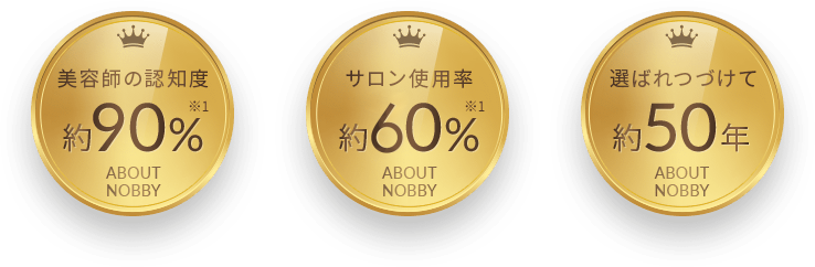 美容師の認知度約90% ※1 ABOUT NOBBY サロン使用率約70% ※1 ABOUT NOBBY 選ばれつづけて約50年 ABOUT NOBBY